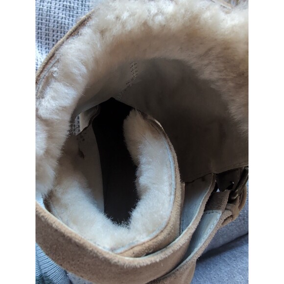 Vintage Tan Suede Leather Fur Lined Ankle Bootie Almond Toe Wrap Strap 39/8.5 - Picture 12 of 13